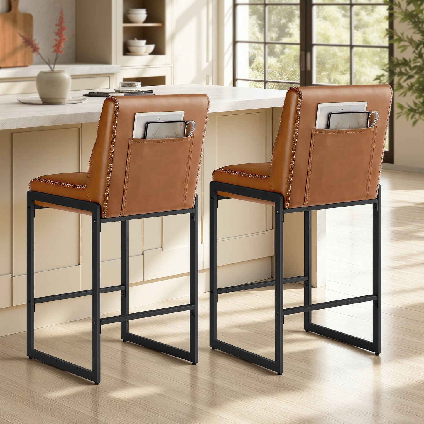 Bar Stools Set of 2, Counter Height Dining Chairs with Backs & Ergonomic Seat, Mid-Century Modern with Synthetic Leather Stitching, Integrated Back Pocket, Caramel Brown