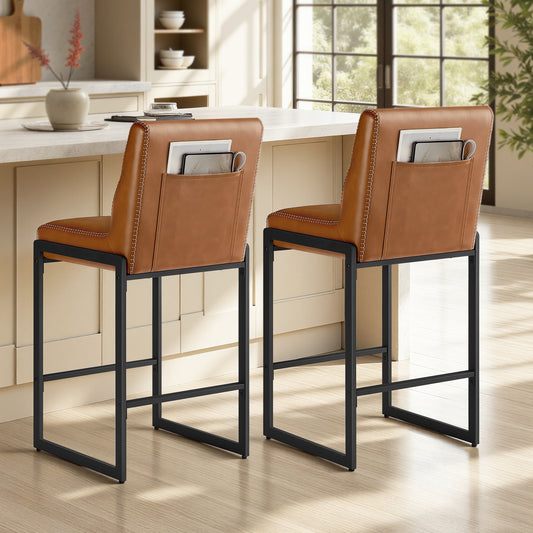 Bar Stools Set of 2, Counter Height Dining Chairs with Backs & Ergonomic Seat, Mid-Century Modern with Synthetic Leather Stitching, Integrated Back Pocket, Caramel Brown