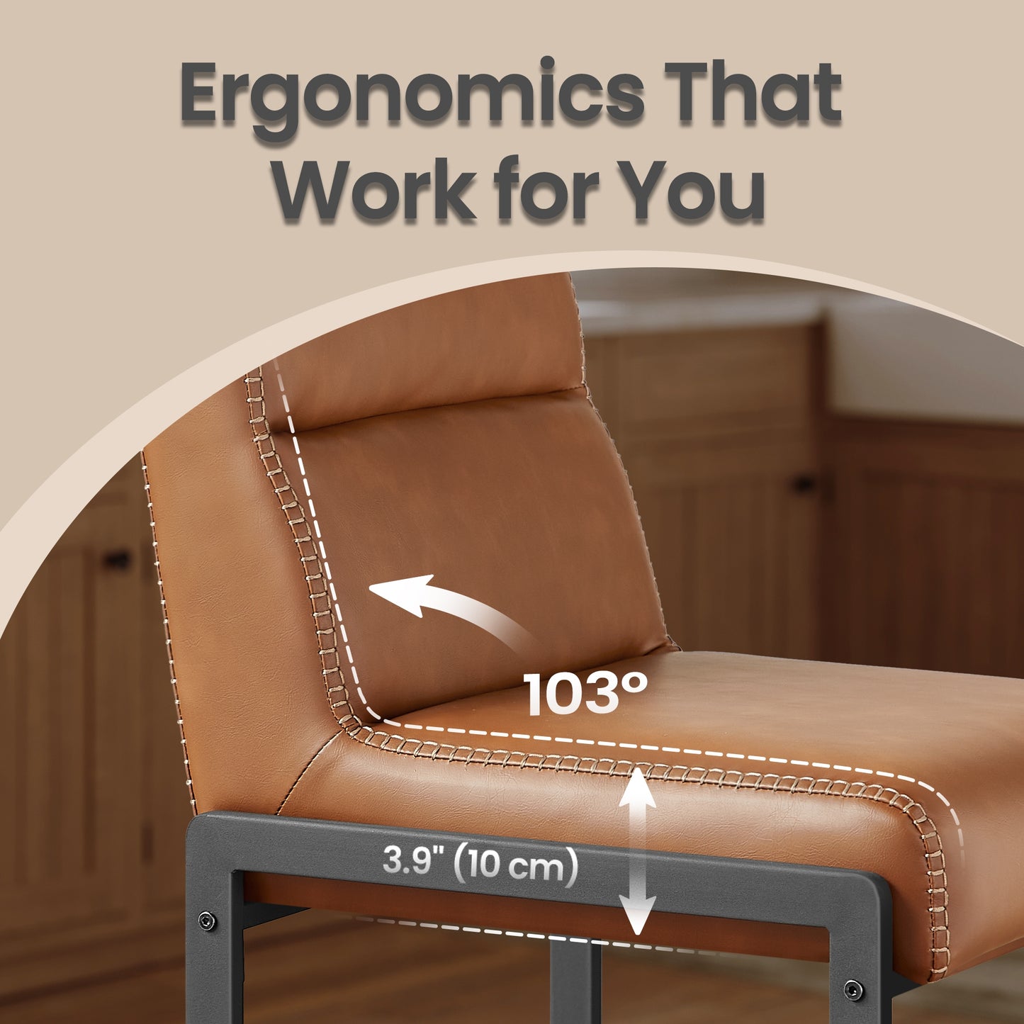 Bar Stools Set of 2, Counter Height Dining Chairs with Backs & Ergonomic Seat, Mid-Century Modern with Synthetic Leather Stitching, Integrated Back Pocket, Caramel Brown