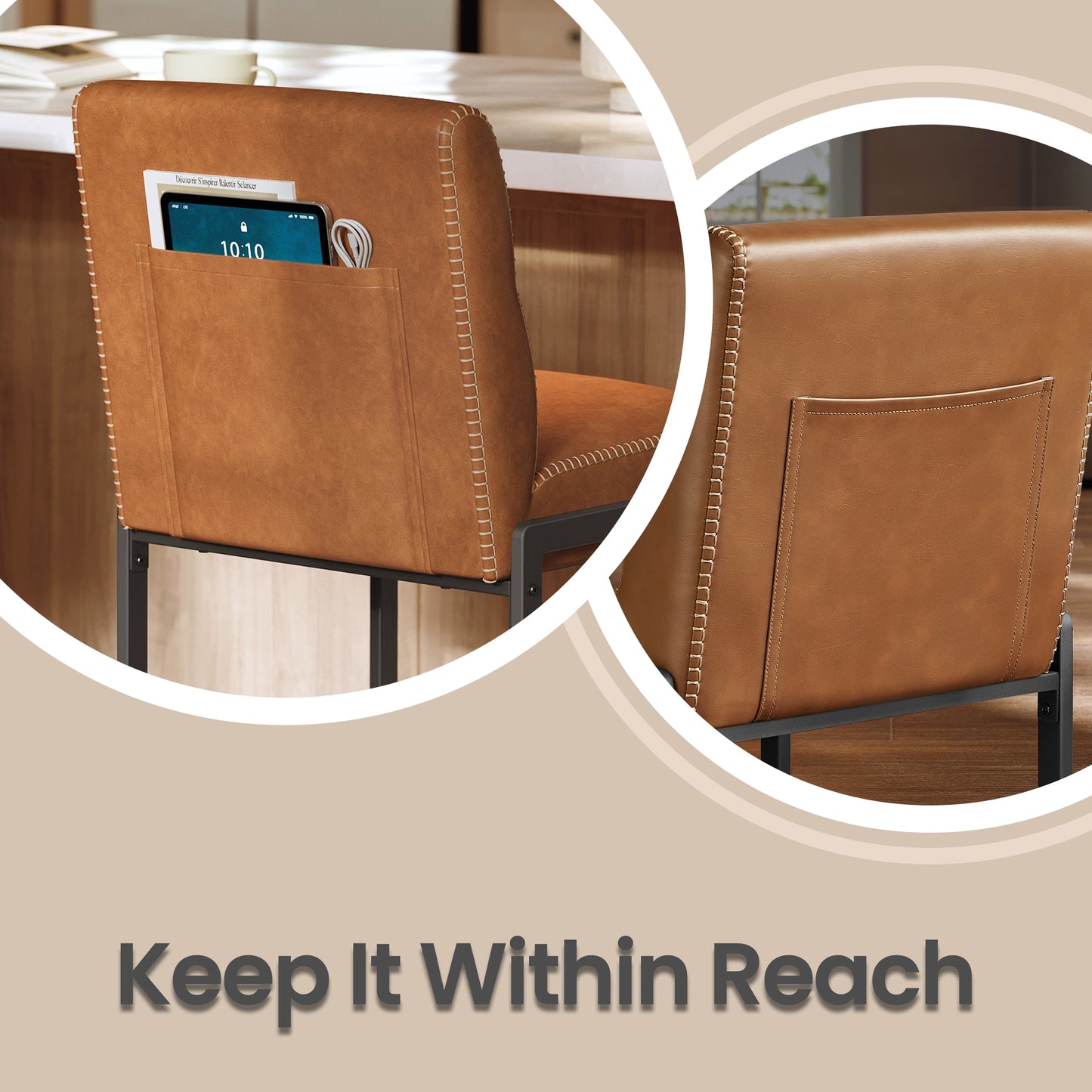 Bar Stools Set of 2, Counter Height Dining Chairs with Backs & Ergonomic Seat, Mid-Century Modern with Synthetic Leather Stitching, Integrated Back Pocket, Caramel Brown