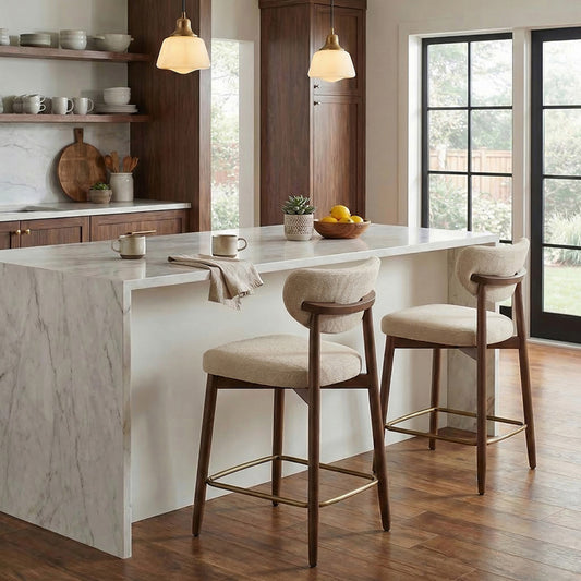 Bar Stools Set of 2, Counter Height Dining Chairs with Solid Wood Legs & Ergonomic Backrest, Upholstered Mid-Century Modern Stools for Kitchen Island, Cappuccino Beige