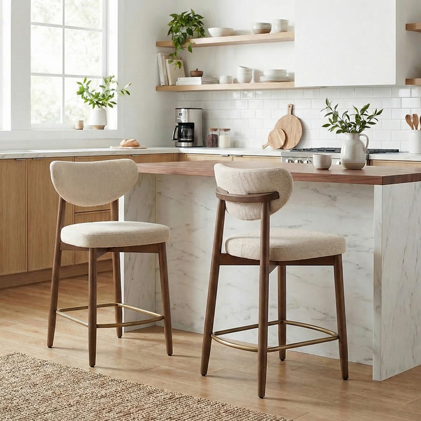 Bar Stools Set of 2, Counter Height Dining Chairs with Solid Wood Legs & Ergonomic Backrest, Upholstered Mid-Century Modern Stools for Kitchen Island, Cappuccino Beige