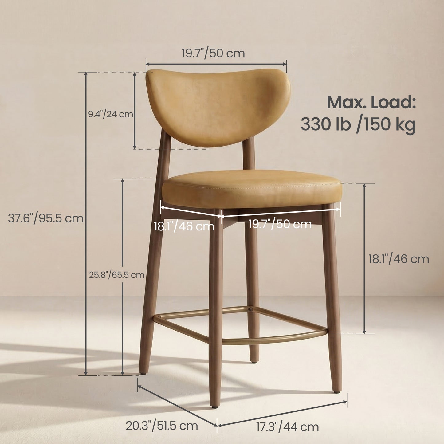 Bar Stools Set of 2, Counter Height Dining Chairs with Solid Wood Legs & Ergonomic Backrest, Upholstered Mid-Century Modern Stools for Kitchen Island, Caramel Brown