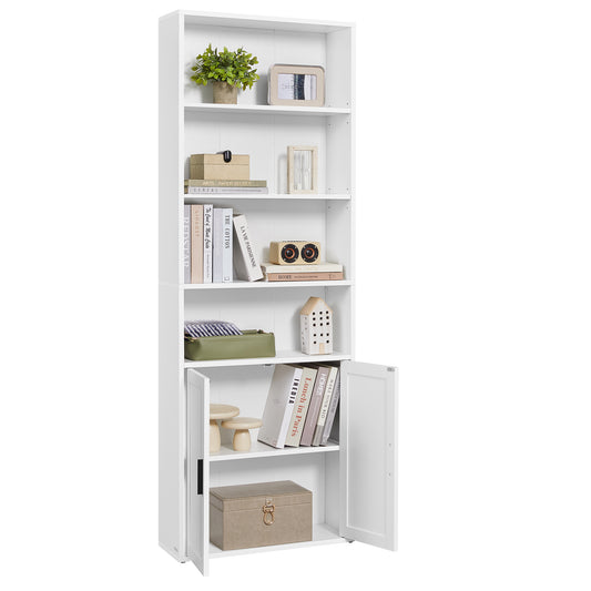 6-Tier Tall Bookshelf with Doors and Open Shelves, Adjustable Storage Bookcase for Living Room Home Office Dining Room, Cloud White