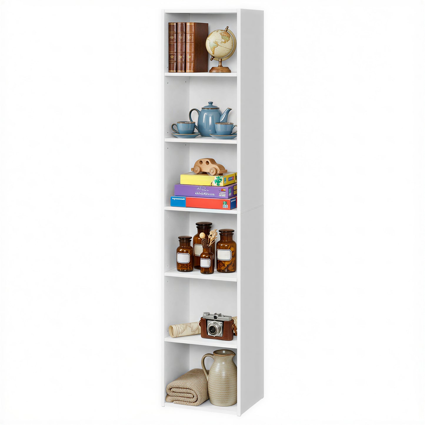 6-Tier Slim Bookshelf with Adjustable Open Shelves, Tall Bookcase for Living Room Home Office Dining Room, Space-Saving, Cloud White