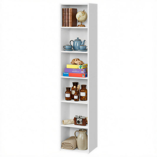 6-Tier Slim Bookshelf with Adjustable Open Shelves, Tall Bookcase for Living Room Home Office Dining Room, Space-Saving, Cloud White