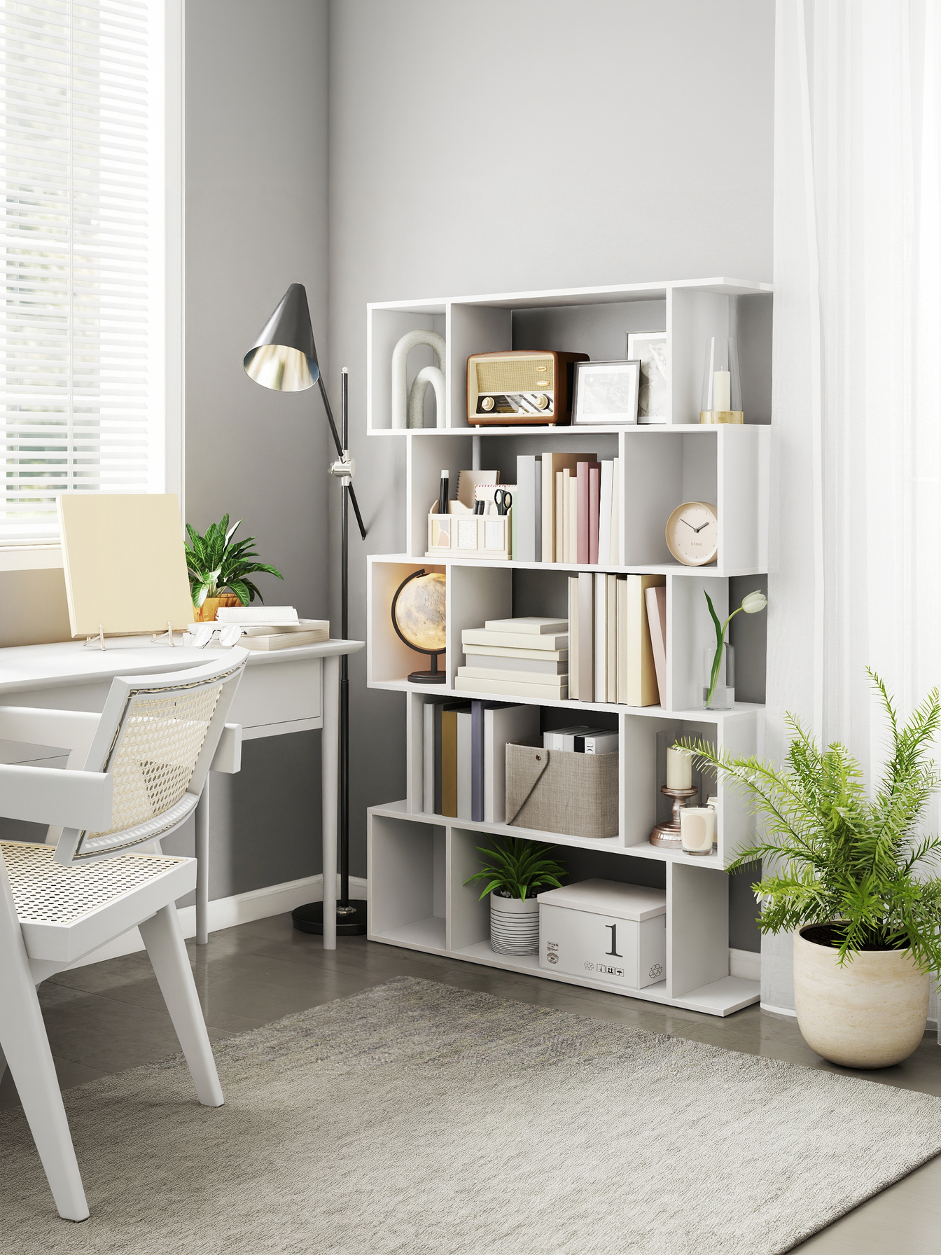 5-Tier Bookshelf with Open Compartments, 35.4 x 62.6 Inch Modern Storage Shelf for Living Room and Bedroom, Matte White