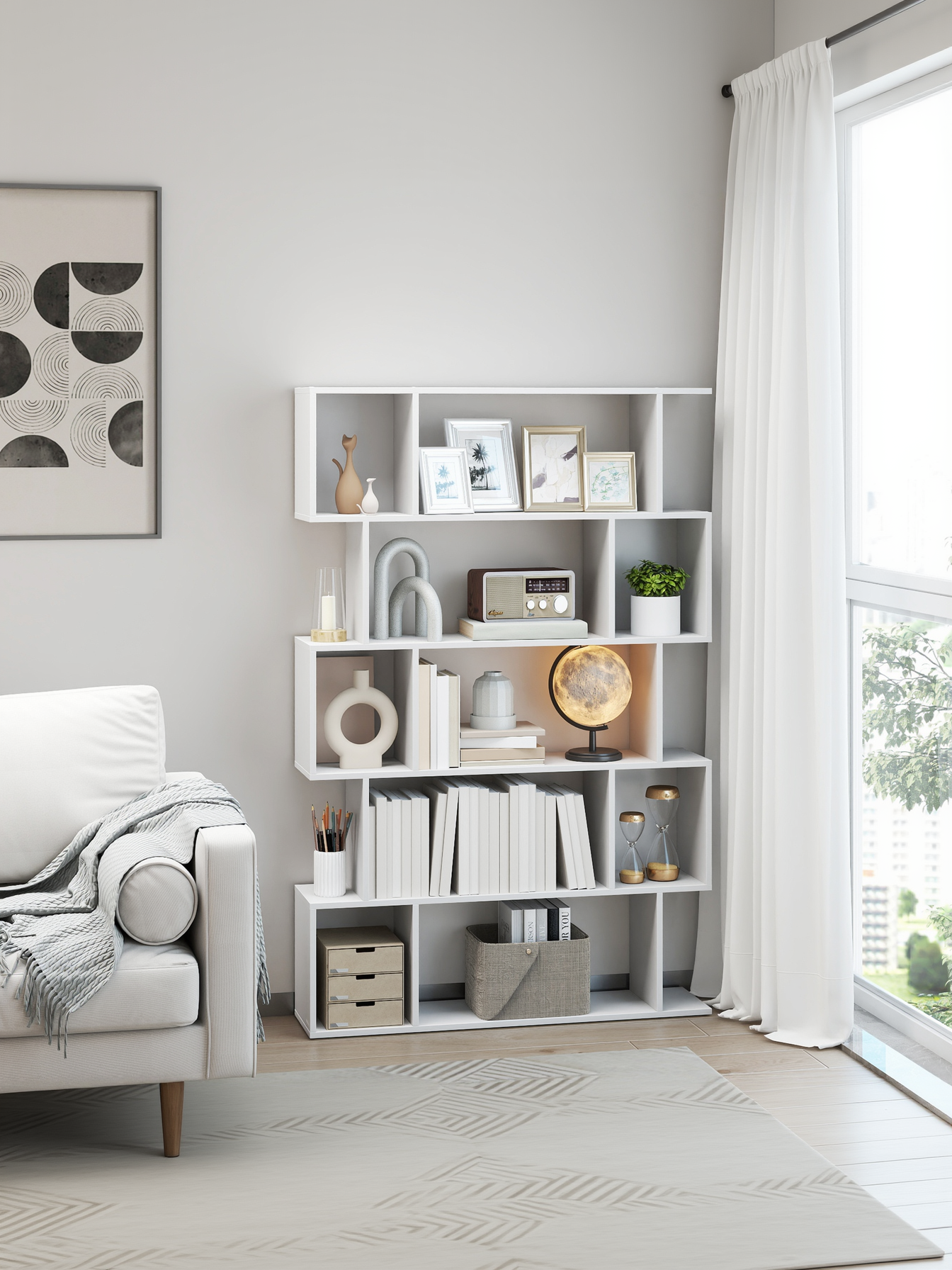 5-Tier Bookshelf with Open Compartments, 35.4 x 62.6 Inch Modern Storage Shelf for Living Room and Bedroom, Matte White