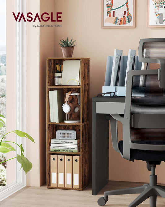 4-Tier Bookshelf with Adjustable Open Compartments, Slim Vertical Bookcase for Corner Storage, Stable H-Frame Structure, Easy Assembly, for Living Room or Home Office, Rustic Brown