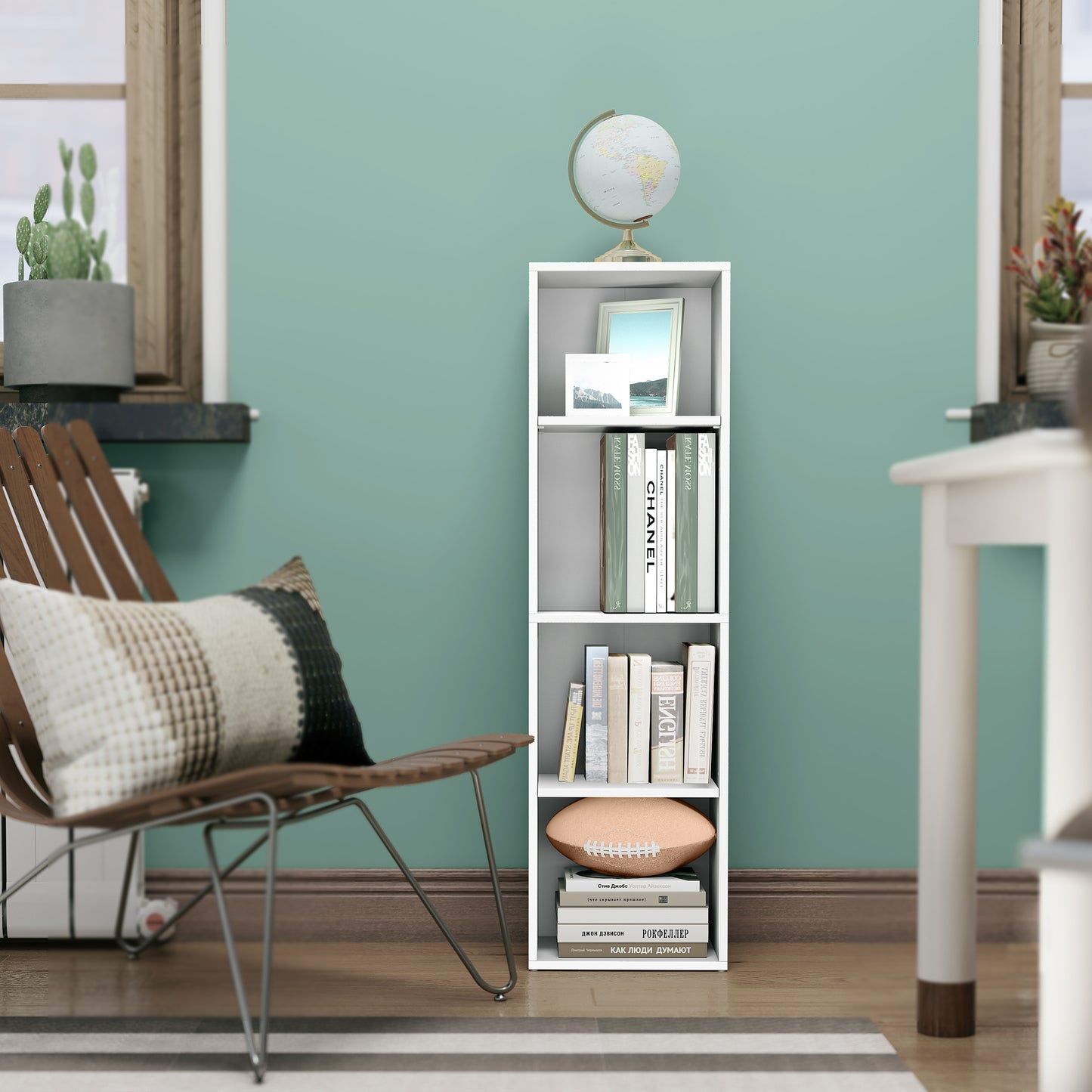 4-Tier Bookshelf with Adjustable Open Compartments, Slim Vertical Bookcase for Corner Storage, Stable H-Frame Structure, Easy Assembly, for Living Room or Home Office, Cloud White