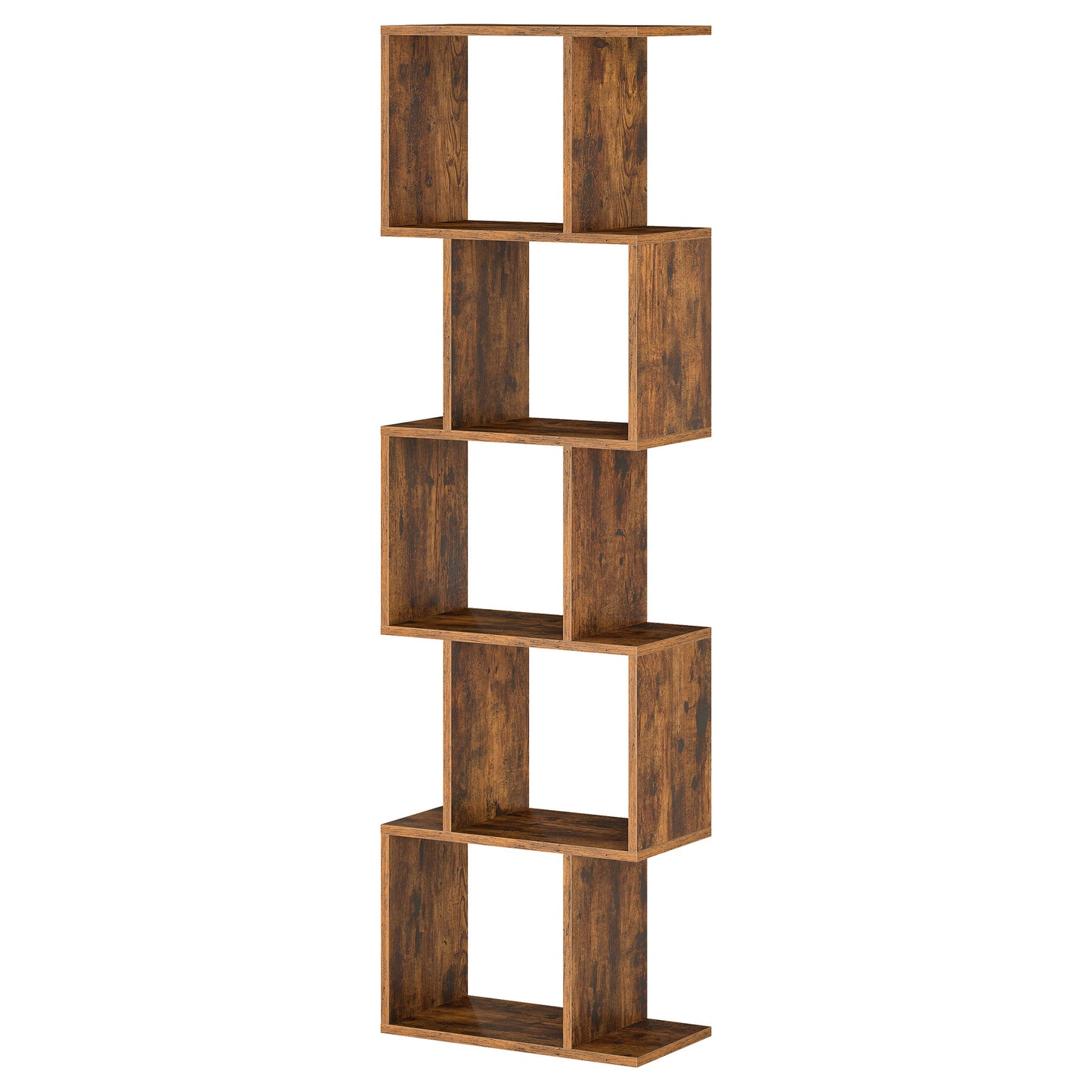 5-Tier S-Shaped Bookshelf with Open Compartments, Modern Storage Bookcase for Living Room Bedroom Office, Rustic Brown