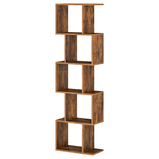 5-Tier S-Shaped Bookshelf with Open Compartments, Modern Storage Bookcase for Living Room Bedroom Office, Rustic Brown