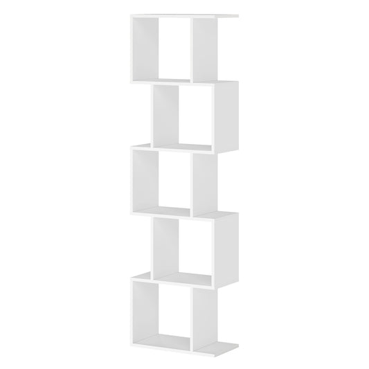 5-Tier S-Shaped Bookshelf with Open Compartments, Modern Storage Bookcase for Living Room Bedroom Office, Matte White