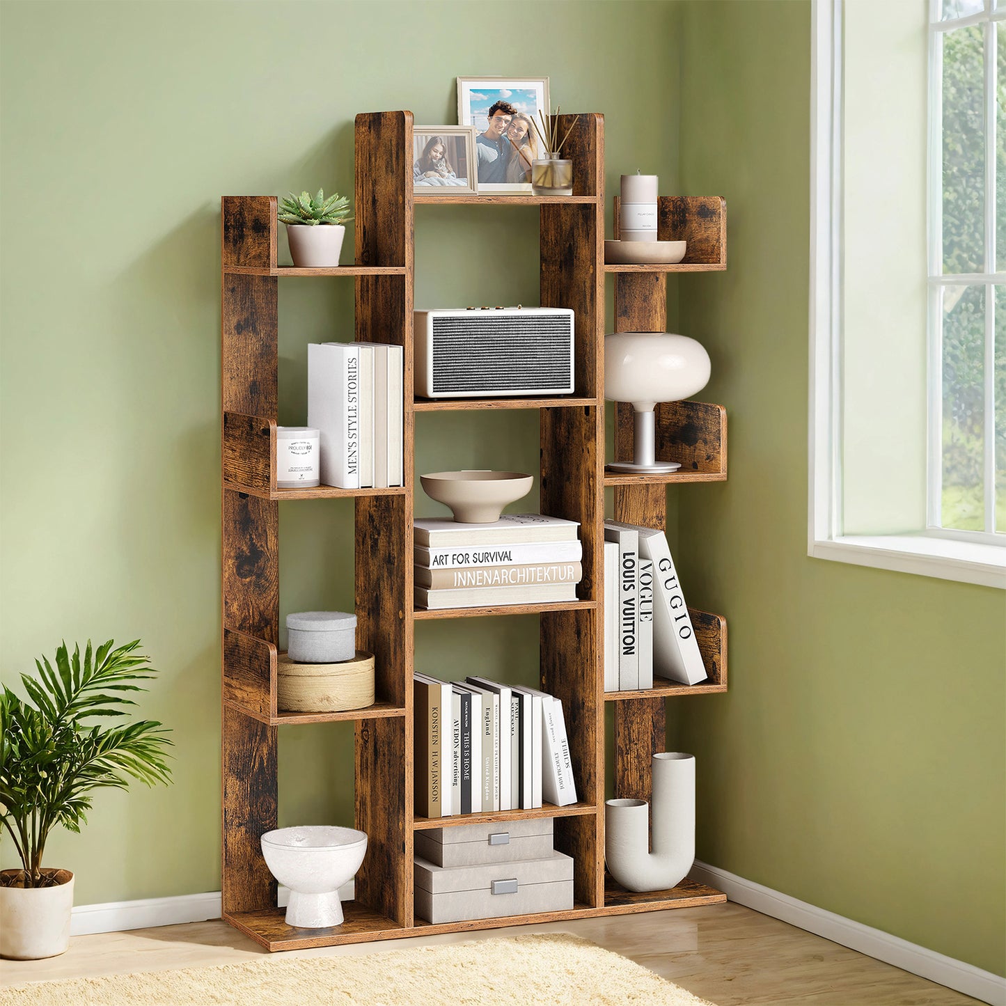 Tree-Shaped Bookshelf - 13-Shelf Storage Unit with Rounded Corners, Wall-Mountable, Space-Saving Design, Rustic Brown