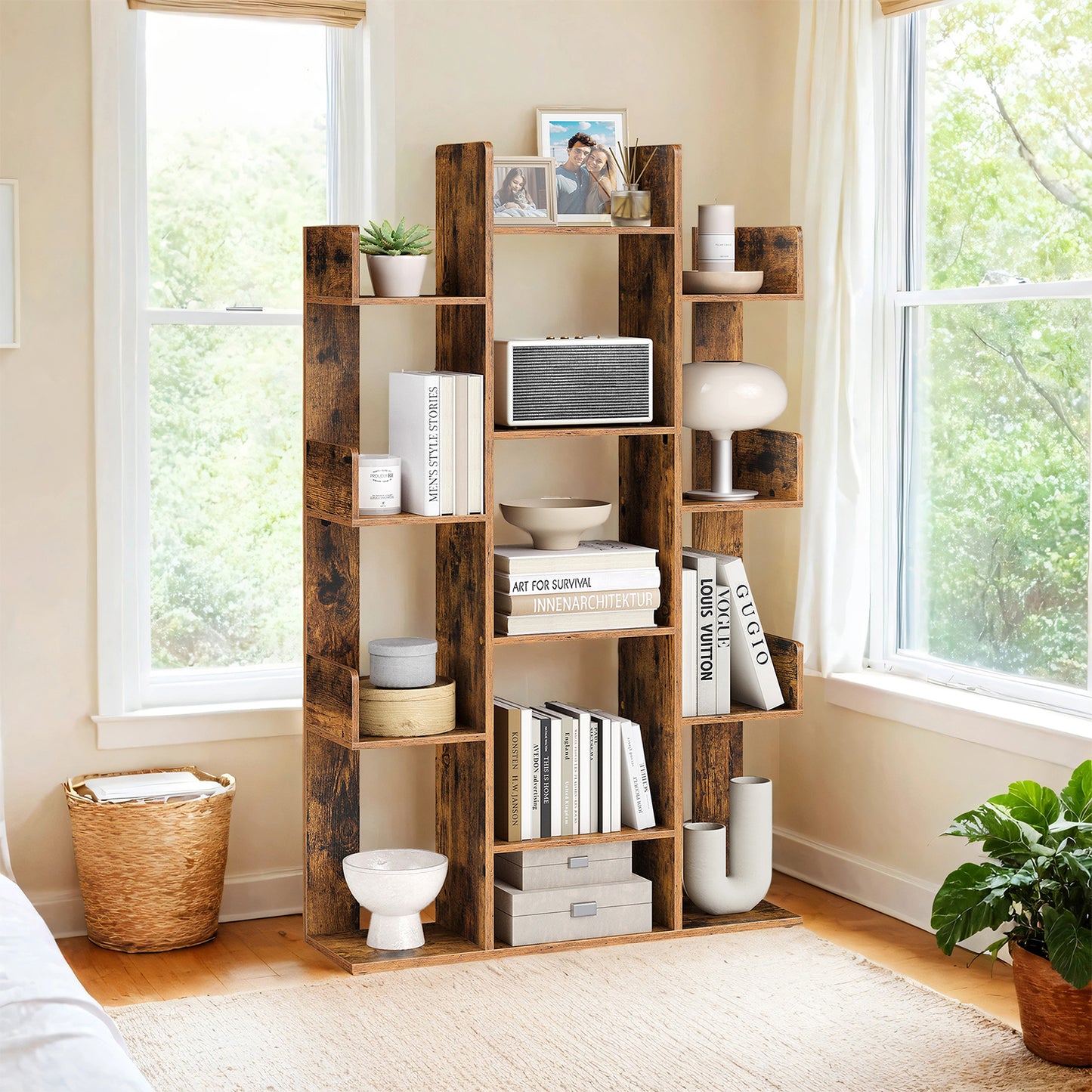 Tree-Shaped Bookshelf - 13-Shelf Storage Unit with Rounded Corners, Wall-Mountable, Space-Saving Design, Rustic Brown