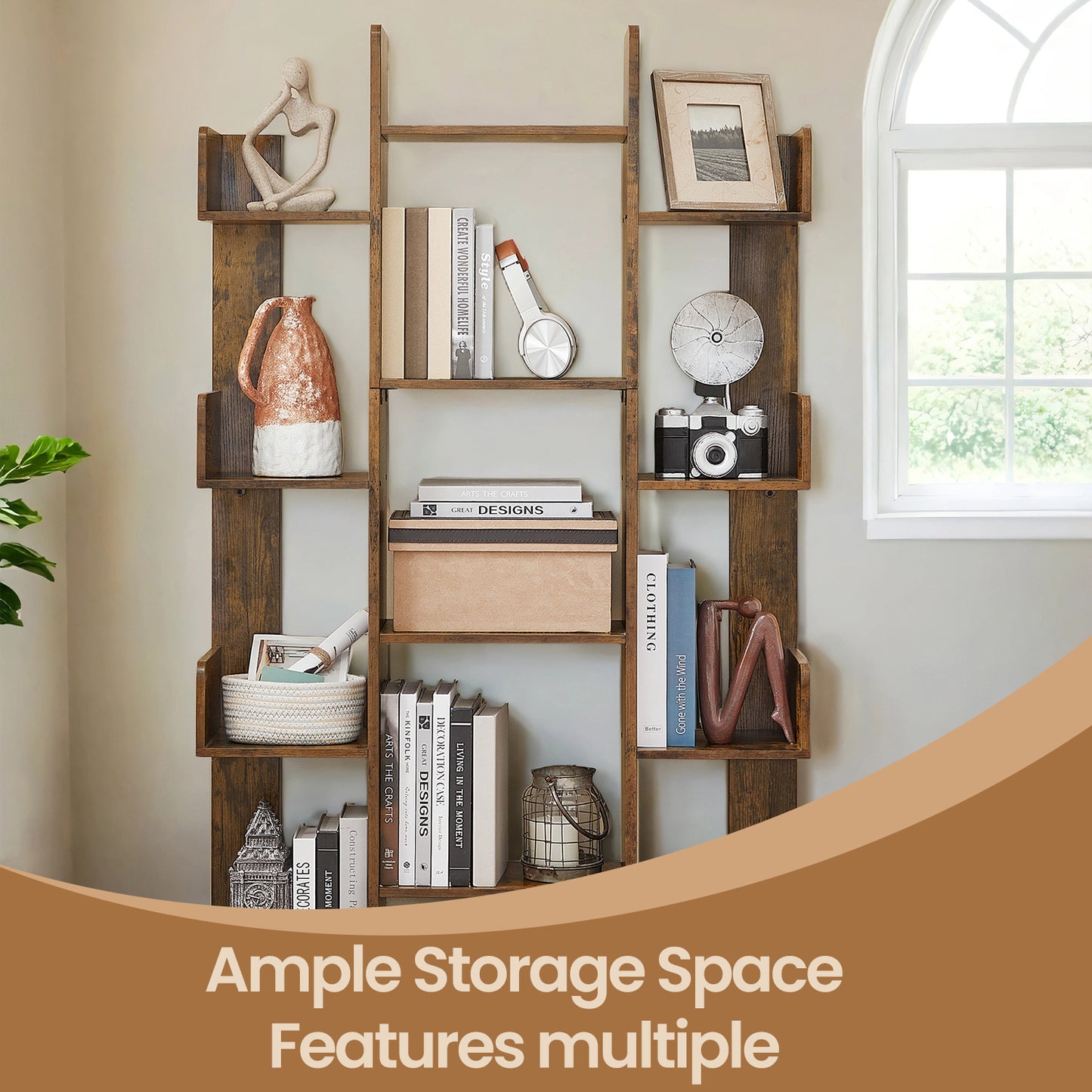 Tree-Shaped Bookshelf - 13-Shelf Storage Unit with Rounded Corners, Wall-Mountable, Space-Saving Design, Rustic Brown