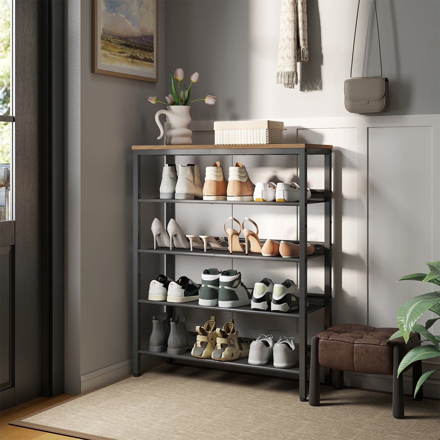 5-Tier Shoe Rack for Entryway, Adjustable Mesh Shelf Shoe Organizer with Top Storage, Industrial Style, Honey Brown and Ink Black