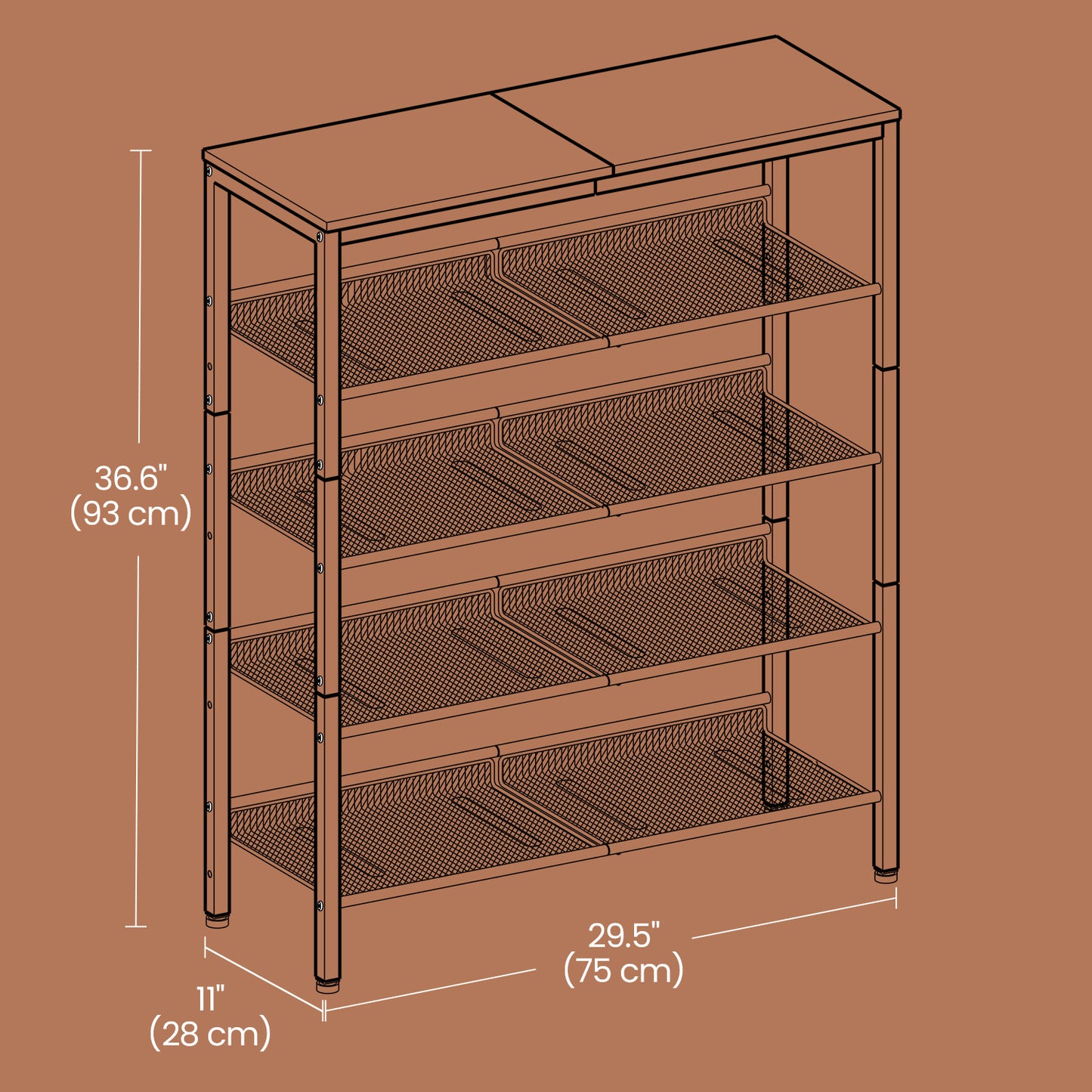 5-Tier Shoe Rack for Entryway, Adjustable Mesh Shelf Shoe Organizer with Top Storage, Industrial Style, Honey Brown and Ink Black