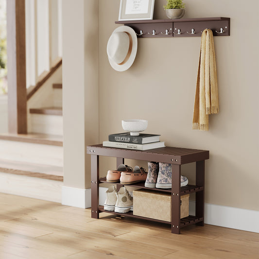 3-Tier Bamboo Shoe Rack Bench, Entryway Storage Organizer with 2 Shelves, Multi-Purpose Hallway Seat & Shelf, Holds 287lb, Easy Assembly, Brown
