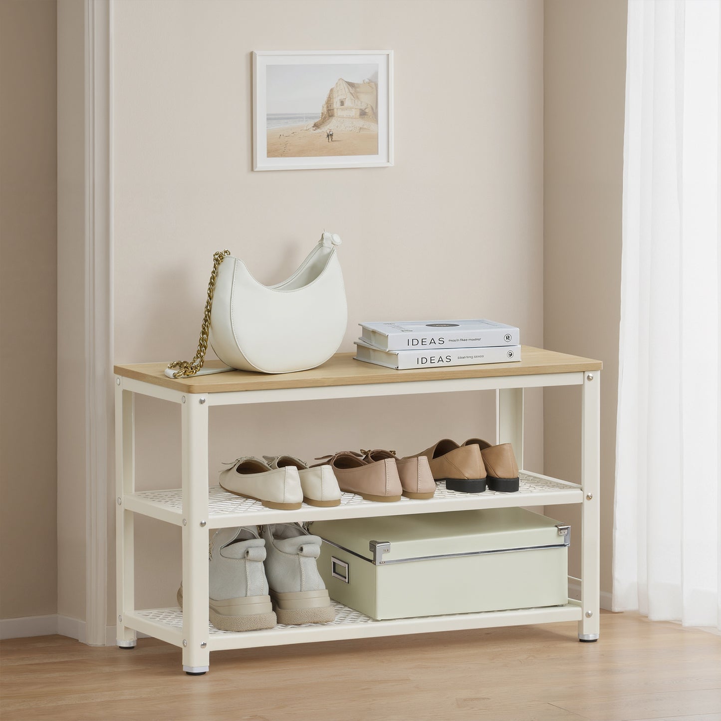 3-Tier Shoe Rack Bench, Free Standing Shoe Organizer with Metal Mesh Shelves & Seat, 28.7 Inch, Oak Beige & Classic White