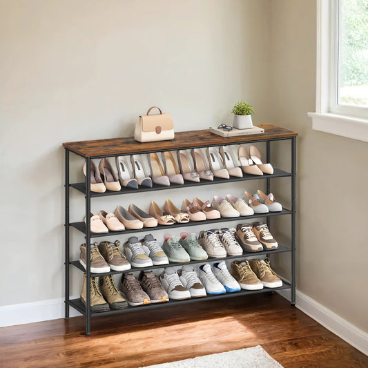 5-Tier Shoe Rack for Entryway and Closet, Steel Frame Shoe Organizer with Fabric Shelves, Industrial Style, Rustic Brown and Black