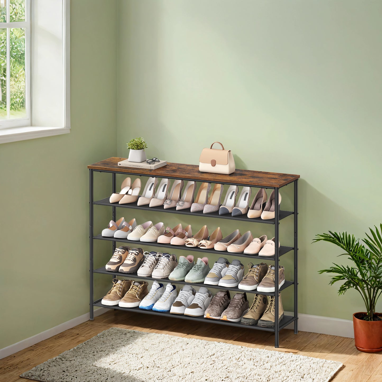 5-Tier Shoe Rack for Entryway and Closet, Steel Frame Shoe Organizer with Fabric Shelves, Industrial Style, Rustic Brown and Black