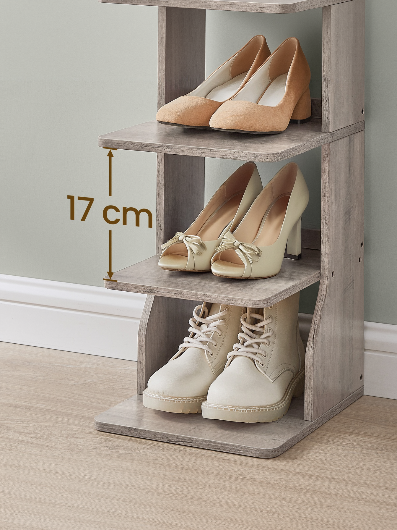 7-Tier Vertical Shoe Rack, Narrow Corner Shelf Organizer with Hooks, Space-Saving Tower for Entryway and Bedroom, Heather Greige