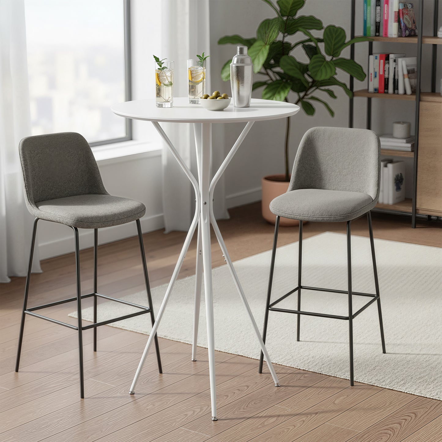 LEDREM Round Bar Table, 23.6 x 23.6 x 41.3 Inches Cocktail High Top Pub Table with Metal X-Frame, Water-Resistant Surface, Easy Assembly, Cloud White and Matte White