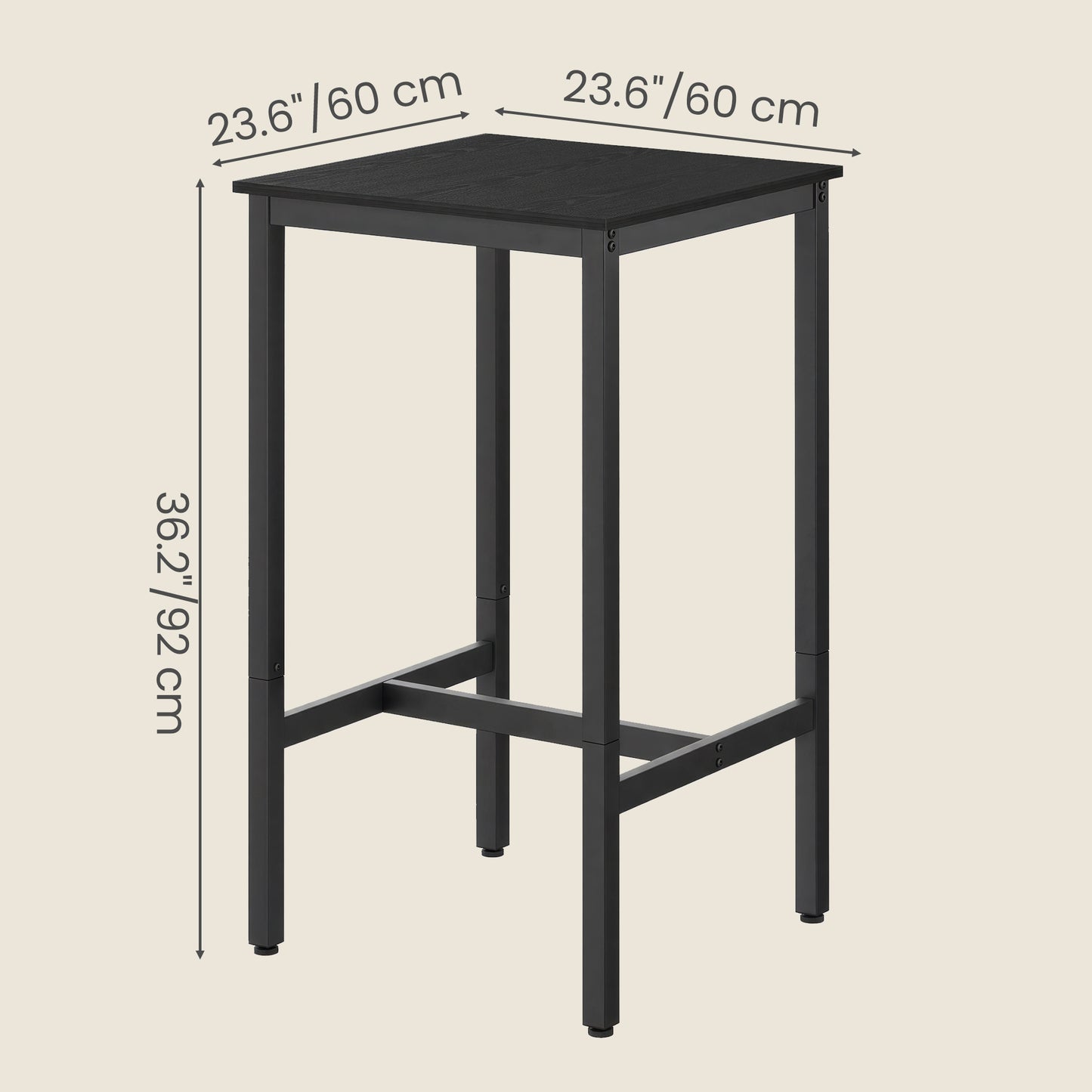 Bar Table, Small Square High Top Pub Table for Kitchen or Living Room, Rustic Wood & Metal Frame, 220 lb Capacity, Adjustable Feet, Ebony Black and Black