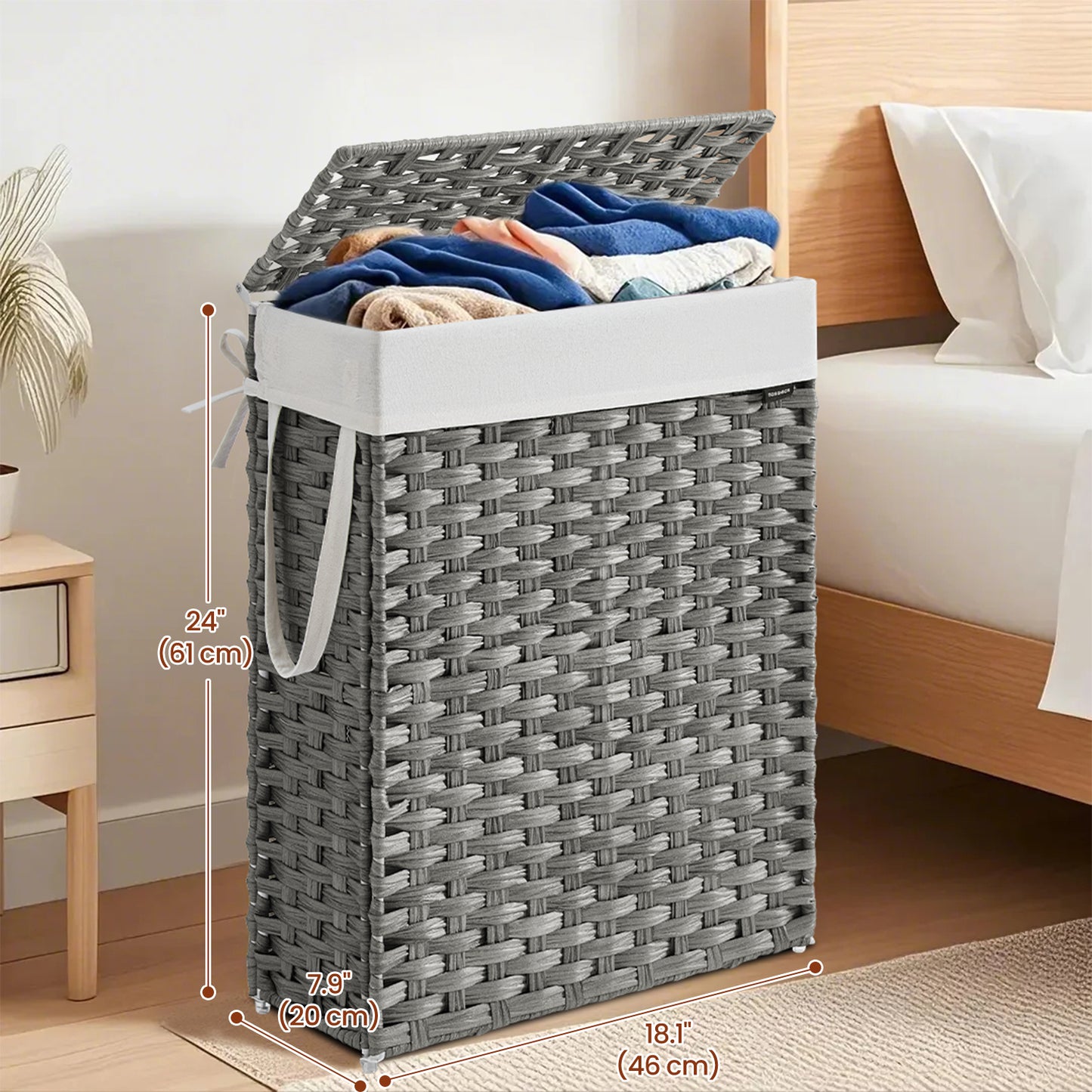 14.5-Gallon Slim Laundry Hamper with Lid, Rattan Clothes Basket with Removable Liner & Handles, Foldable, Space-Saving, Dove Gray