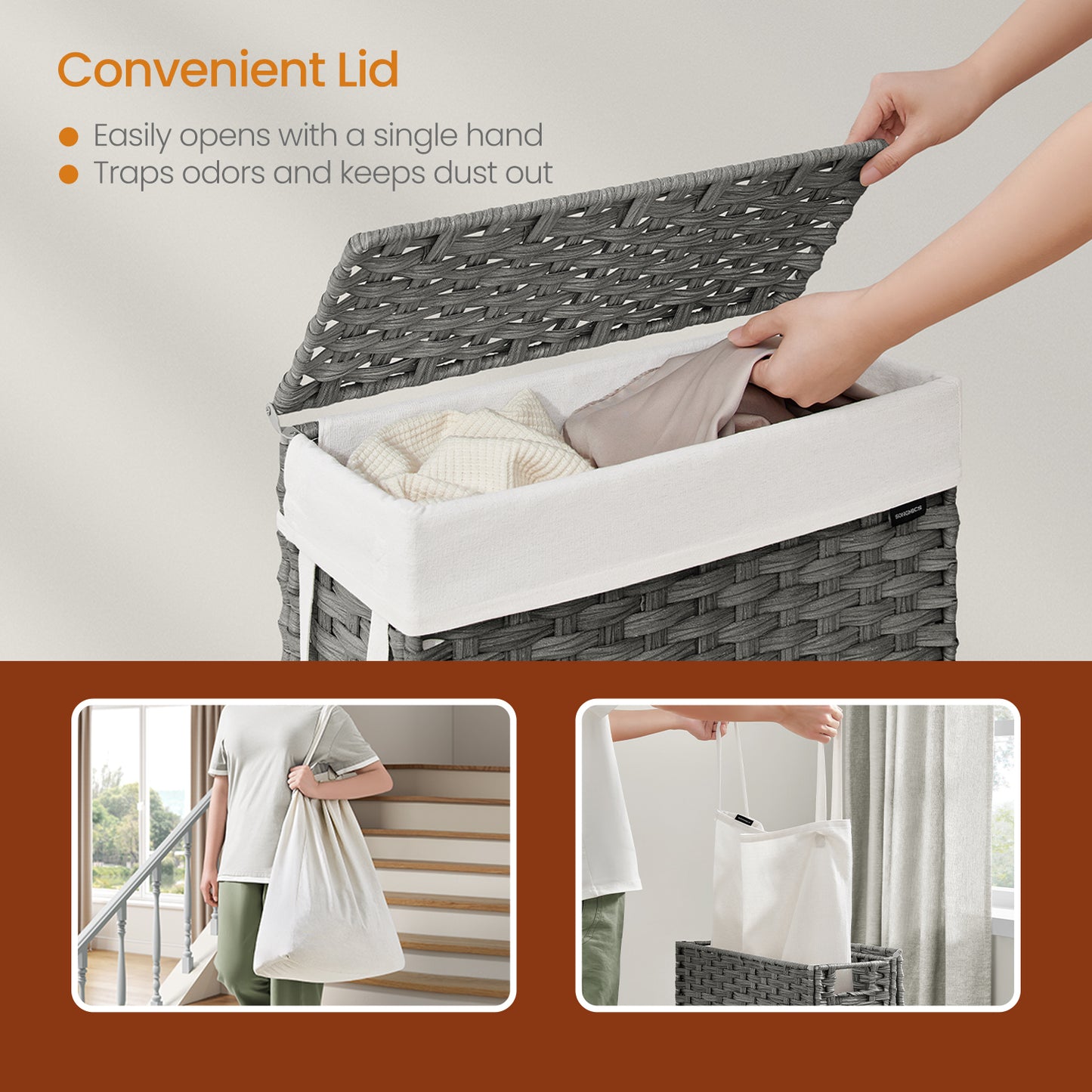 14.5-Gallon Slim Laundry Hamper with Lid, Rattan Clothes Basket with Removable Liner & Handles, Foldable, Space-Saving, Dove Gray