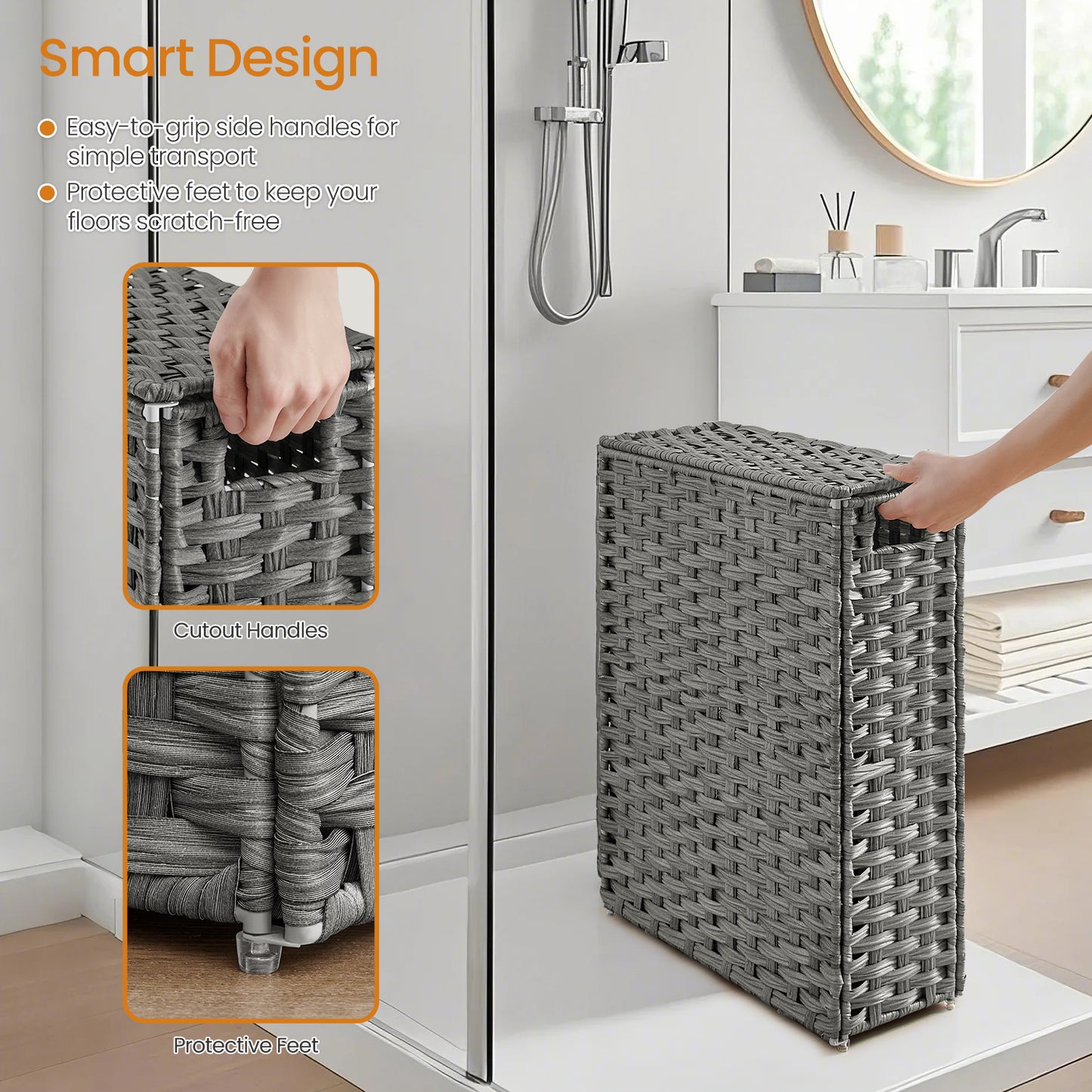 14.5-Gallon Slim Laundry Hamper with Lid, Rattan Clothes Basket with Removable Liner & Handles, Foldable, Space-Saving, Dove Gray