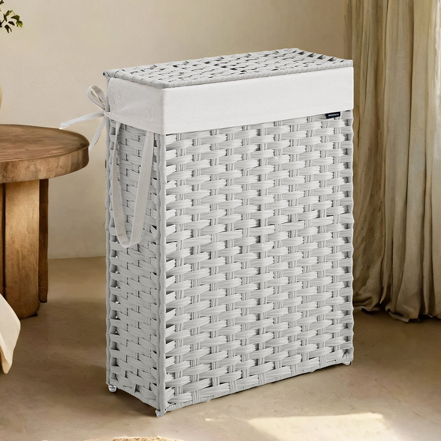 14.5-Gallon Slim Laundry Hamper with Lid, Rattan Clothes Basket with Removable Liner & Handles, Foldable, Space-Saving, Cloud White