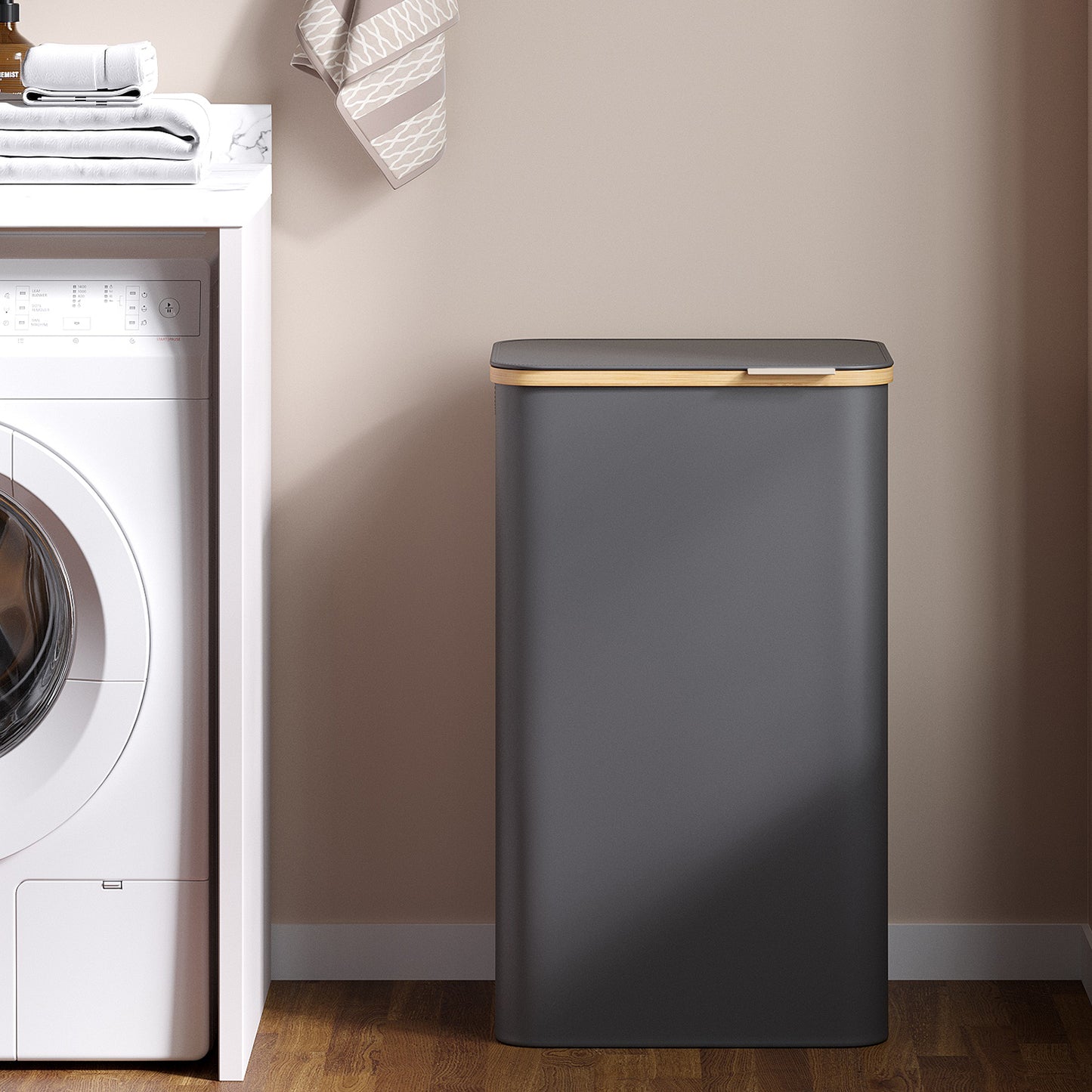 Laundry Hamper with Lid, Large 23.8-Gallon Basket, Removable Mesh Liner, Bamboo Handles, Collapsible Laundry Bin, Durable Oxford Fabric, Ink Black