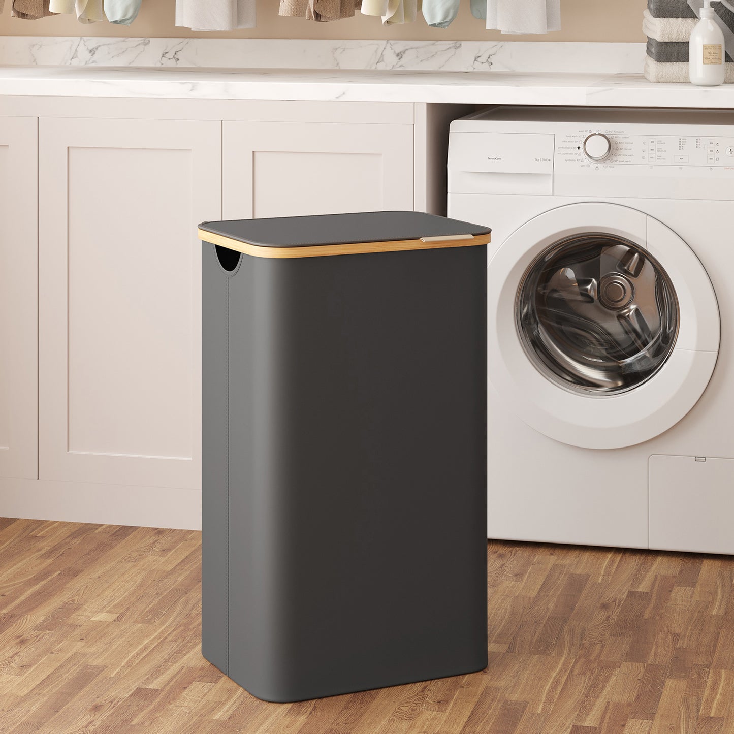 Laundry Hamper with Lid, Large 23.8-Gallon Basket, Removable Mesh Liner, Bamboo Handles, Collapsible Laundry Bin, Durable Oxford Fabric, Ink Black