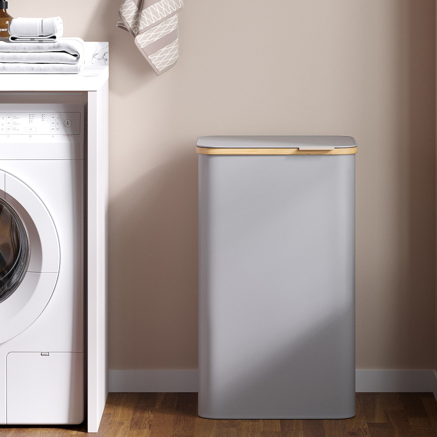 Collapsible Laundry Hamper with Removable Mesh Liner, 23.8-Gallon Capacity, Faux Leather Handled Lid, Oxford Fabric, Dove Gray