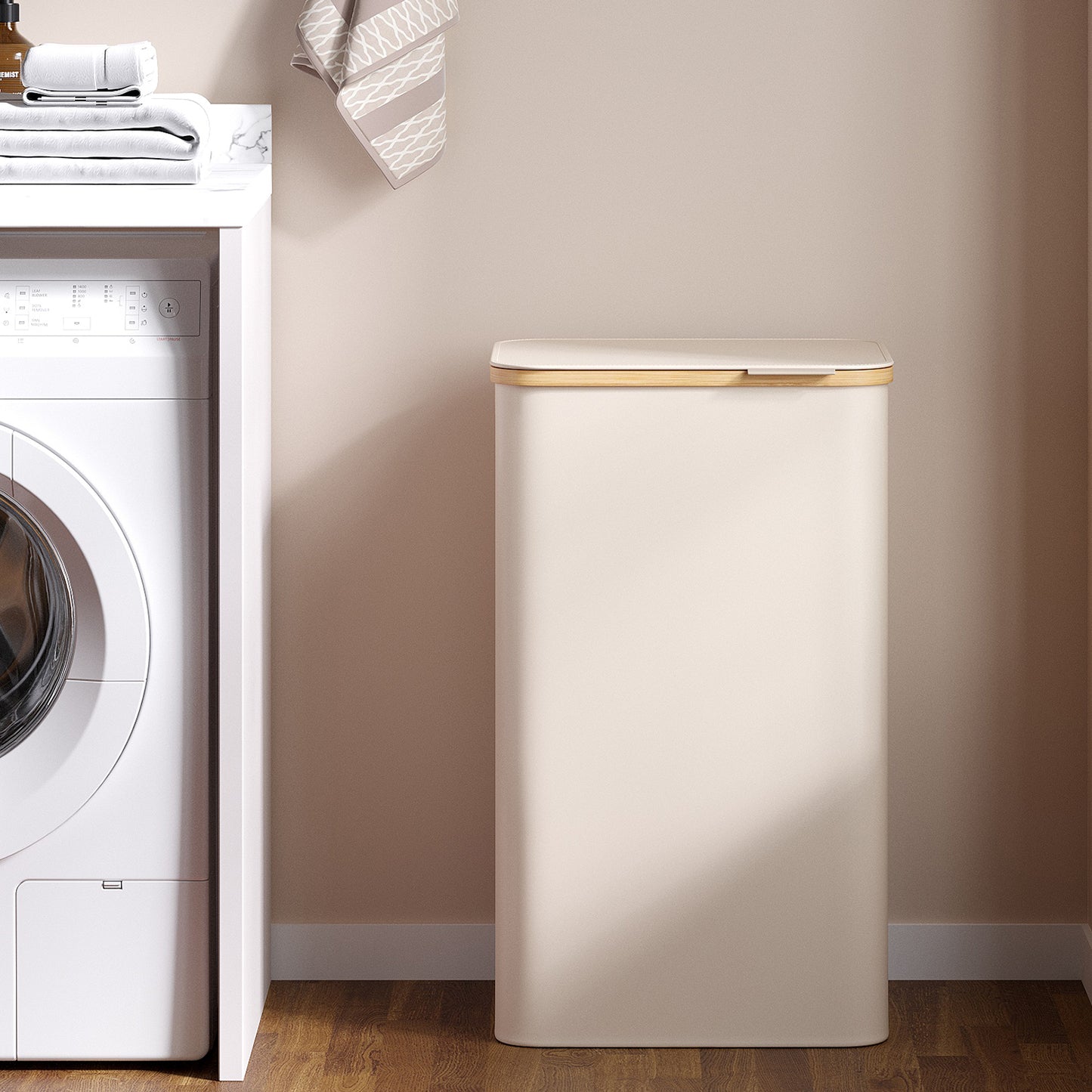 Collapsible Laundry Hamper with Removable Mesh Liner, 23.8-Gallon Capacity, Faux Leather Handled Lid, Oxford Fabric, Cream White