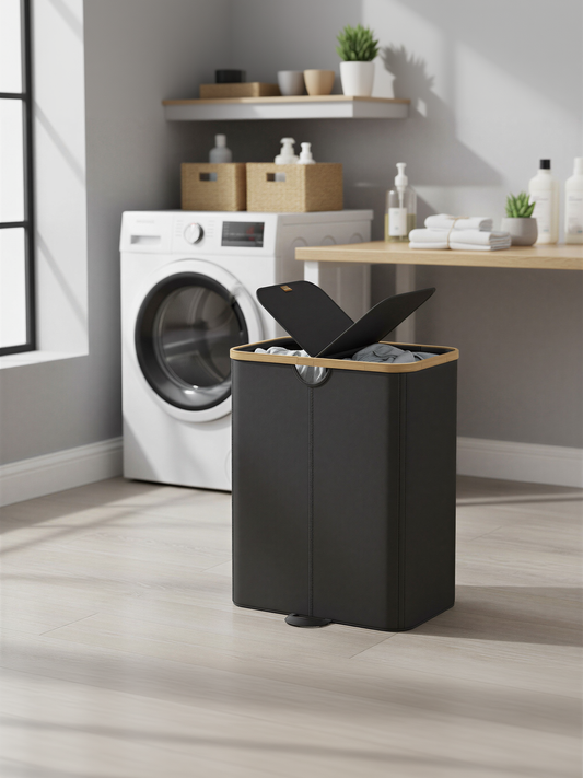 39 Gallon Dual Compartment Laundry Hamper with Removable Liners, 2 Lid Laundry Basket for Bedroom and Living Room, Ink Black and Light Bamboo