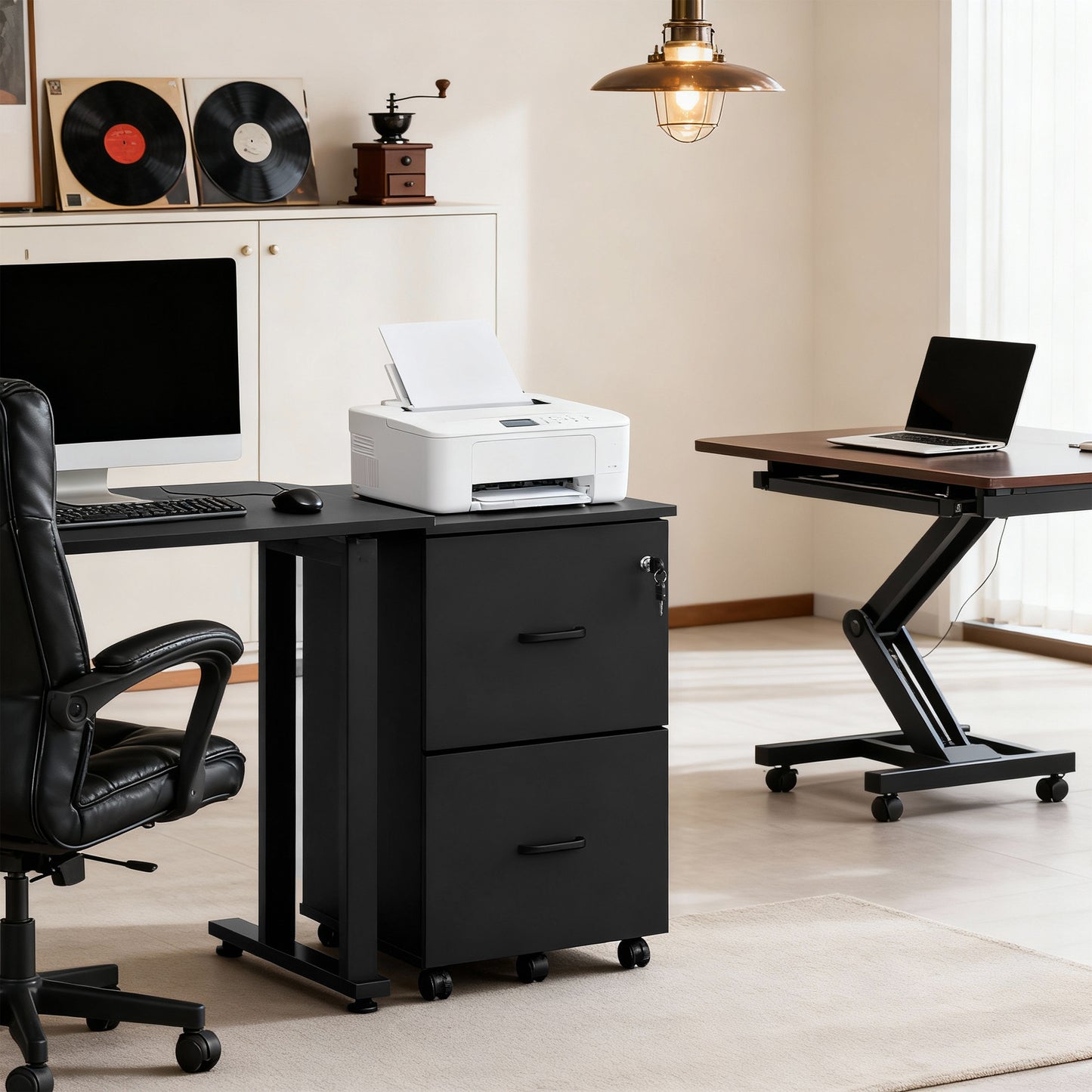 LEDREM 2-Drawer Locking File Cabinet for Home Office, Rolling Printer Stand with Swivel Wheels, Fits A4 & Letter Hanging Files, Black