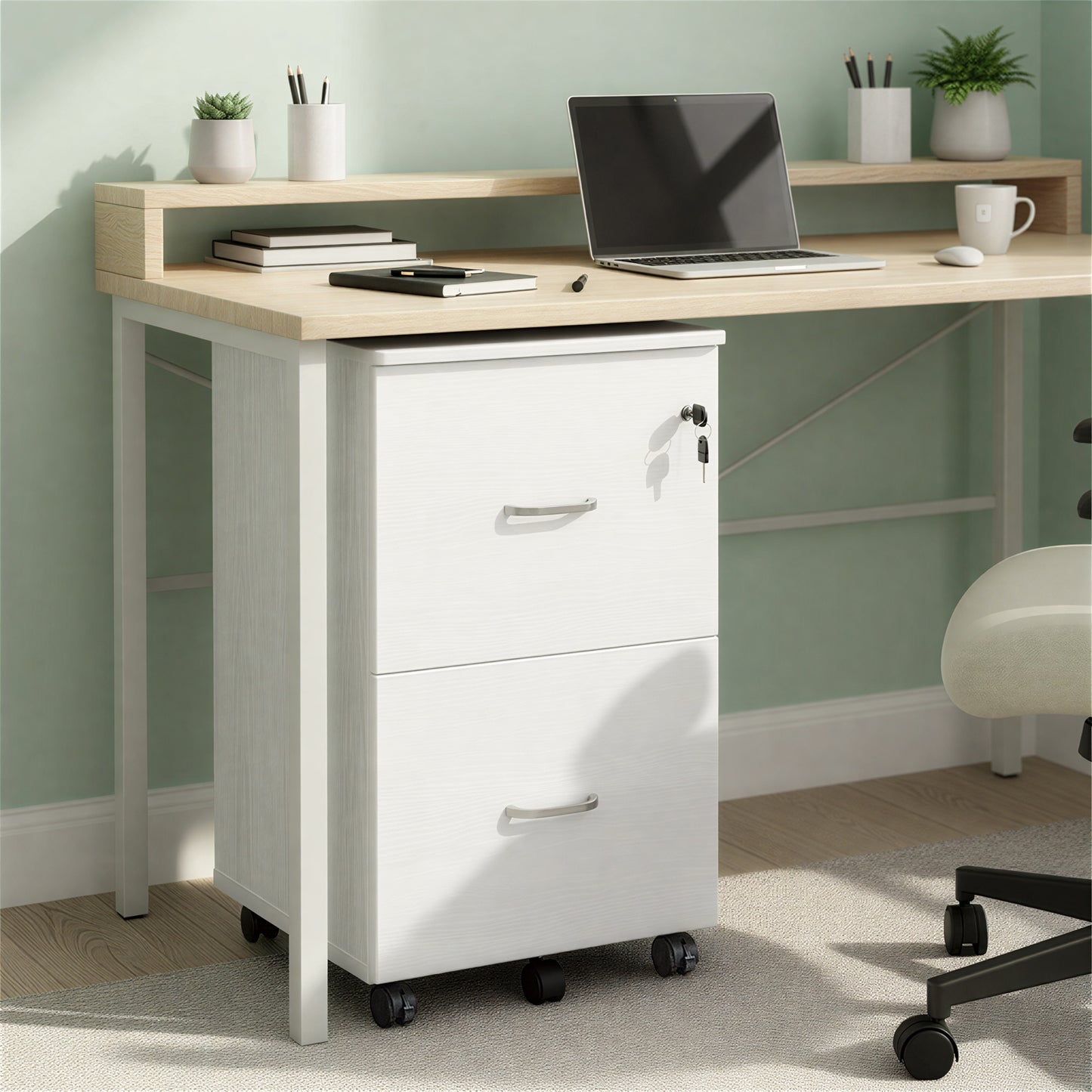 LEDREM 2-Drawer Locking File Cabinet for Home Office, Rolling Printer Stand with Swivel Wheels, Fits A4 & Letter Hanging Files, White