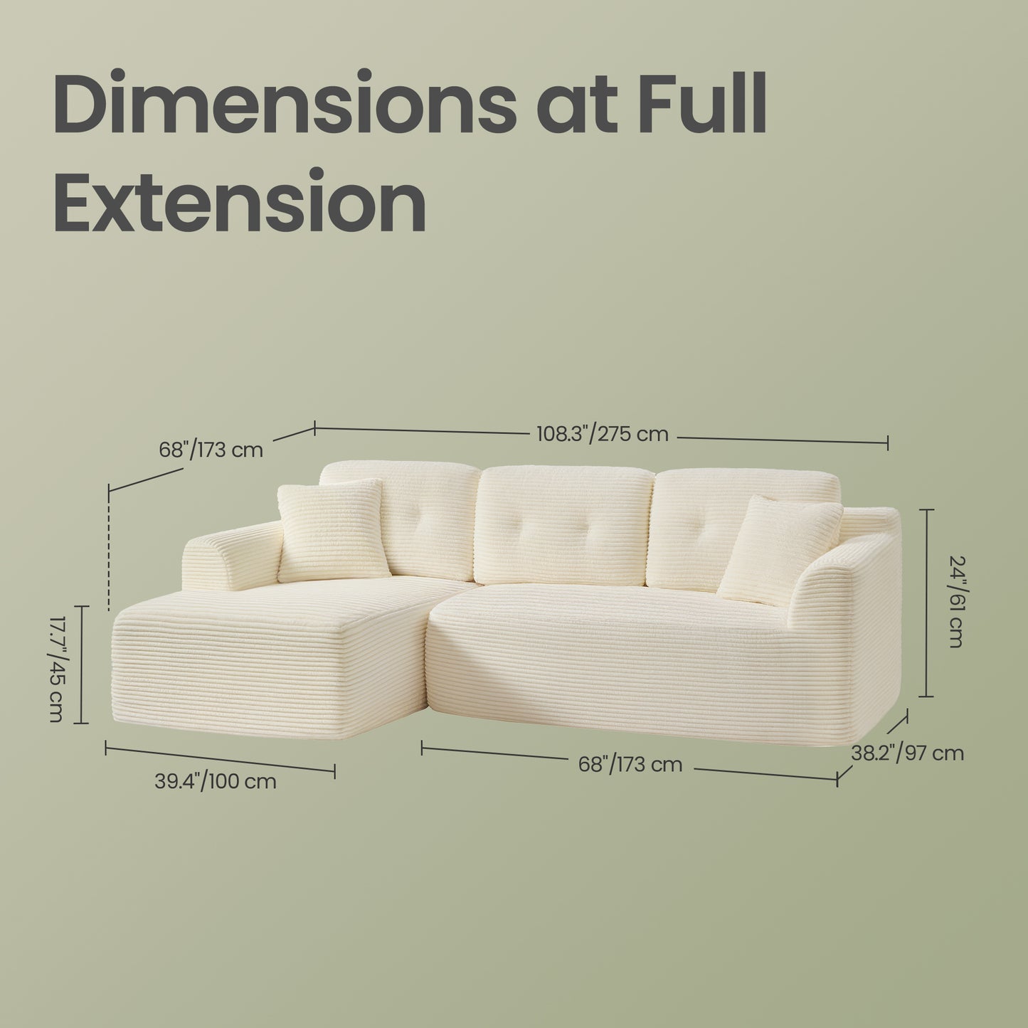 Modular Sectional Sofa with Chaise, 108.3 Inches L-Shape Cloud Couch, Deep Seated Corduroy Living Room Sofa, Left-Facing Design, Cream White