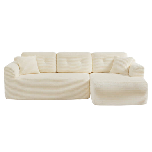 Boneless Modular Sofa with Deep-Seat Chaise, Plush Corduroy Upholstery, No-Assembly Design, Multi-Layout Use, L-Shape Sectional Couch for Living Room, Cream White