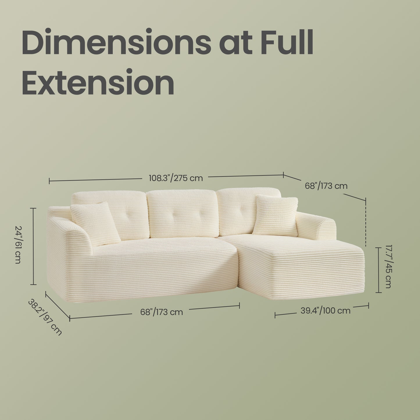 Boneless Modular Sofa with Deep-Seat Chaise, Plush Corduroy Upholstery, No-Assembly Design, Multi-Layout Use, L-Shape Sectional Couch for Living Room, Cream White