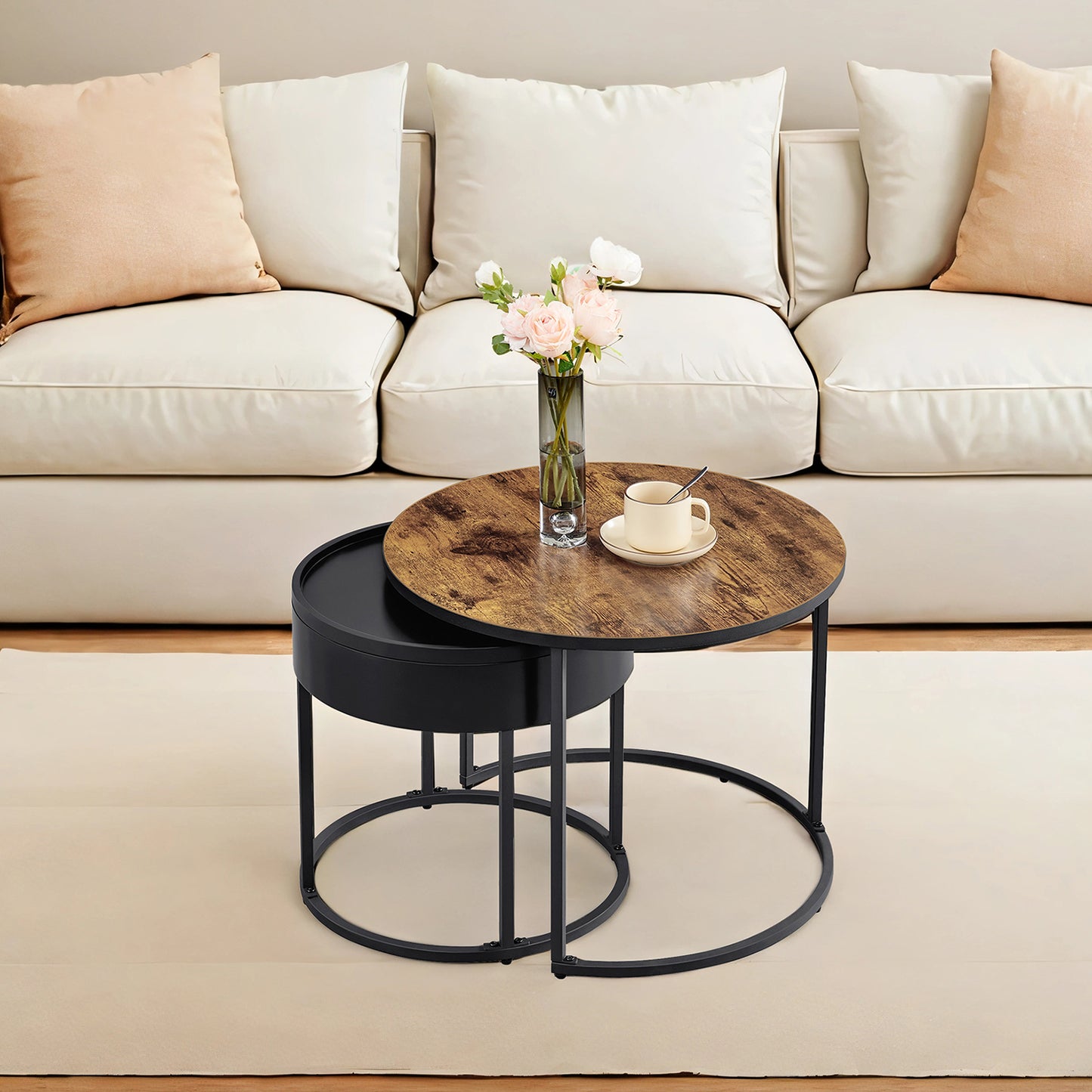 Round Nesting Coffee Tables, Set of 2 Modern Side Tables with Hidden Storage and Top Tray, Living Room, Bedroom, Office, Rustic Brown