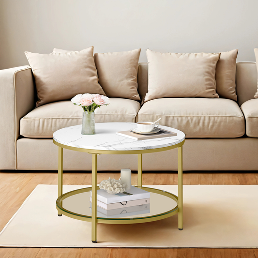 2-Tier Round Coffee Table with Faux Marble Top & Glass Shelf, Modern Small Center Table for Living Room, Marble White and Pale Gold