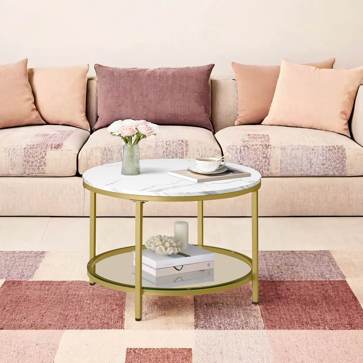 2-Tier Round Coffee Table with Faux Marble Top & Glass Shelf, Modern Small Center Table for Living Room, Marble White and Pale Gold