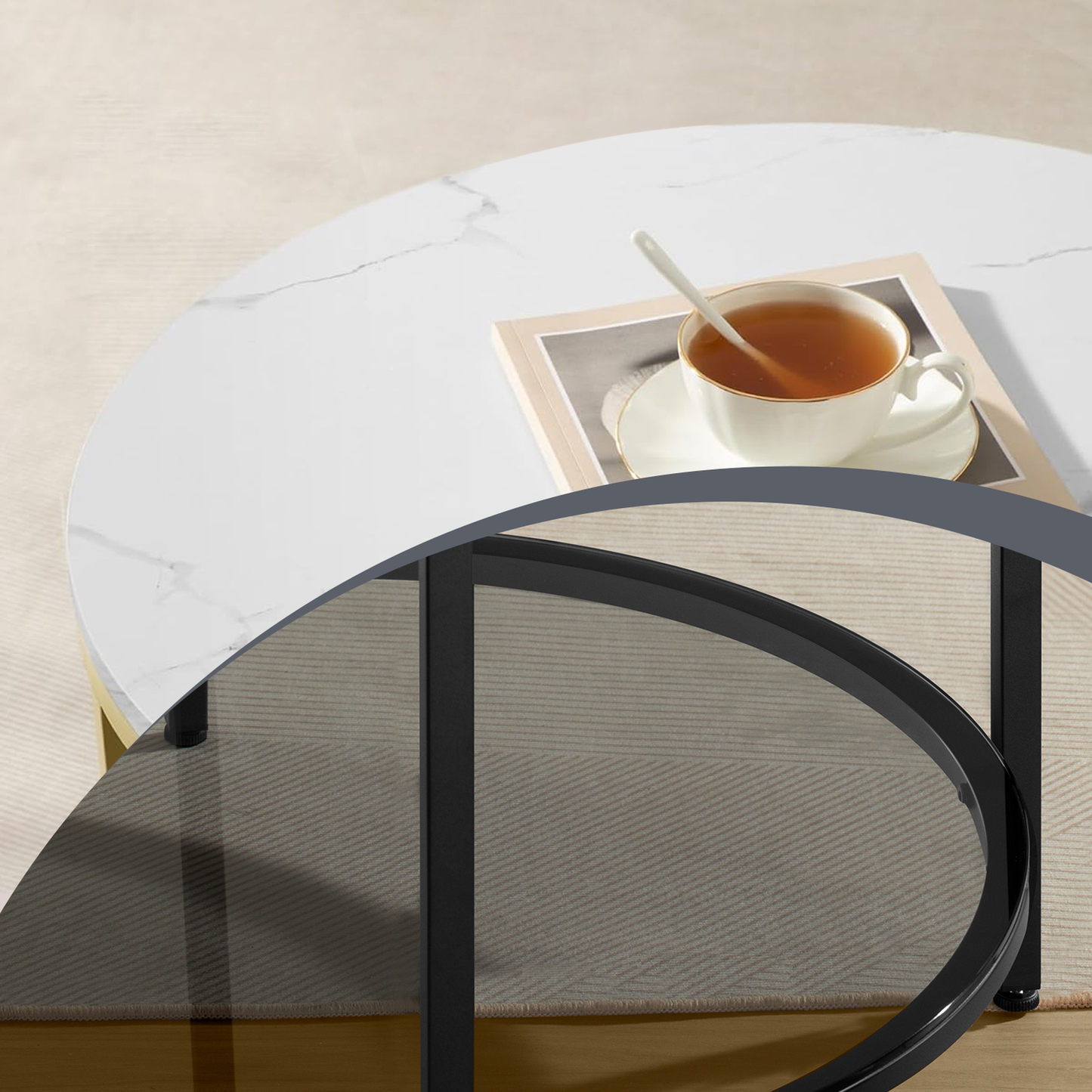 2-Tier Round Coffee Table with Faux Marble Top & Glass Shelf, Modern Small Center Table for Living Room, Marble White and Pale Gold