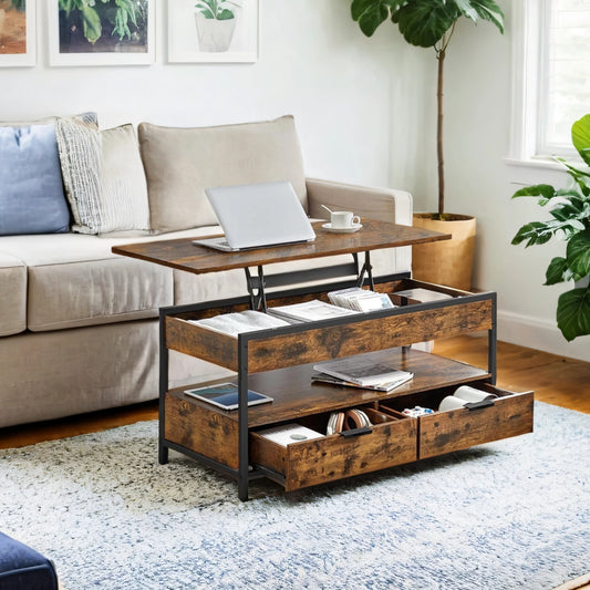 Lift-Top Coffee Table with Storage Drawers, Adjustable Height Table with 3 Hidden Compartments & 2 Drawers, Rustic Brown & Ink Black