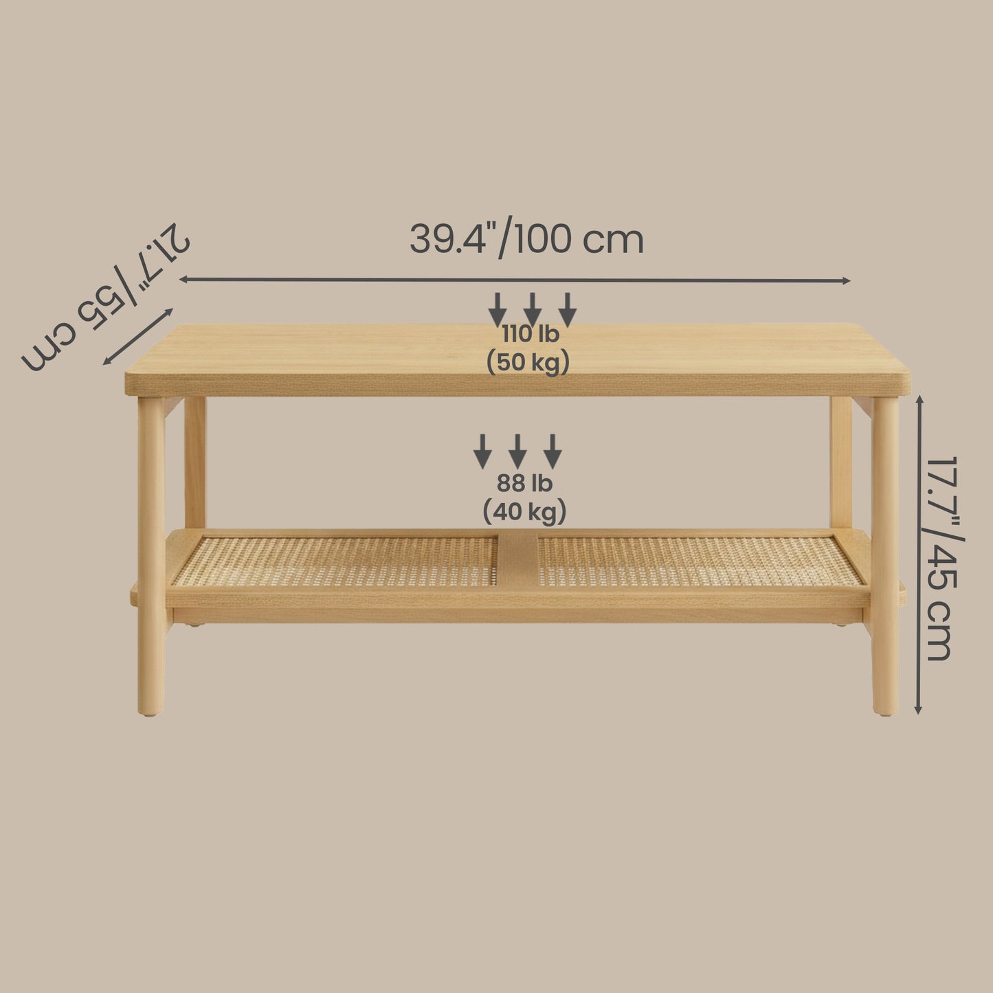 2-Tier Rectangular Coffee Table with Rattan Storage Shelf, Boho Style Living Room Table, Rounded Corners, 39.4" W, Oak Beige