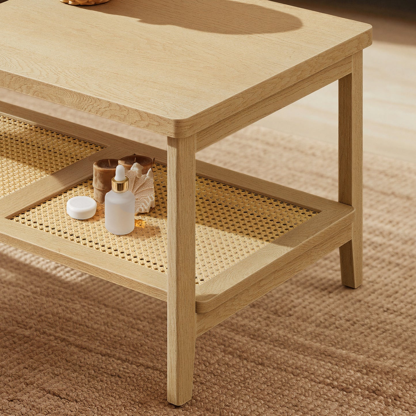 2-Tier Rectangular Coffee Table with Rattan Storage Shelf, Boho Style Living Room Table, Rounded Corners, 39.4" W, Oak Beige
